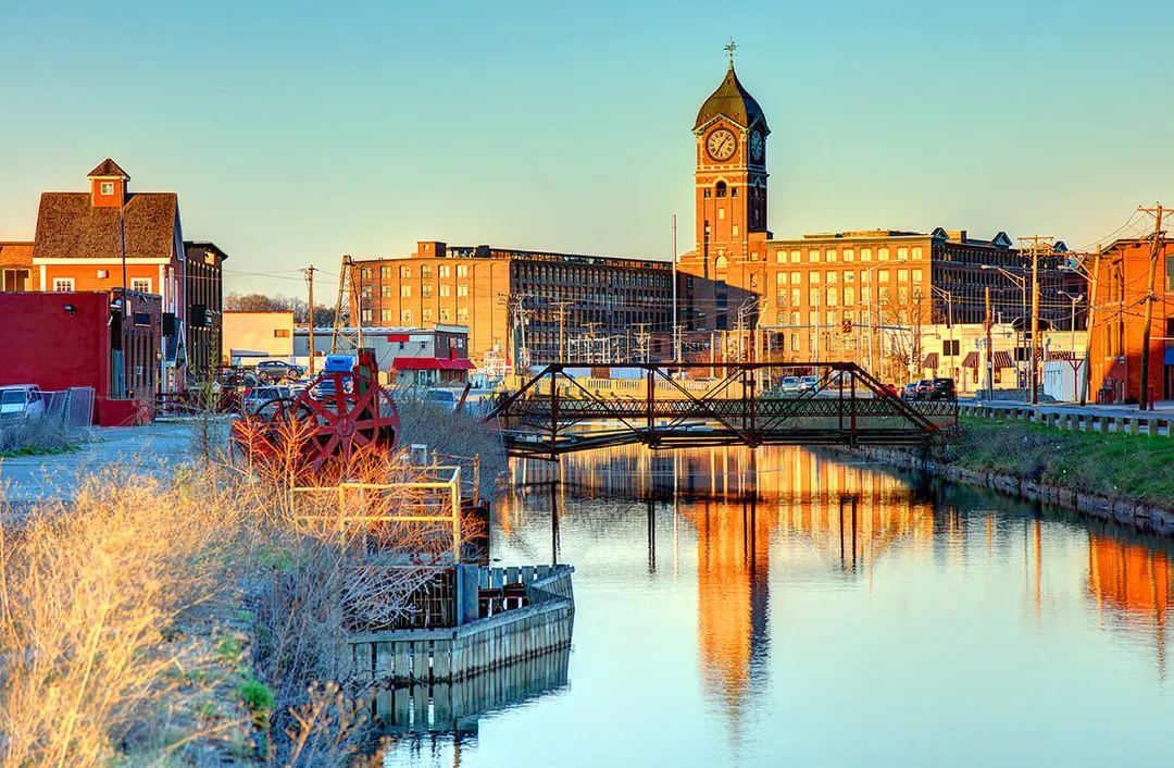 Brick mill buildings along the Merrimack River in Lawrence, Massachusetts